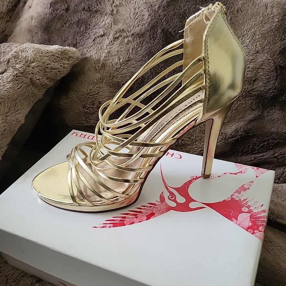 Gold Strappy Chinese Laundry Caged Heels